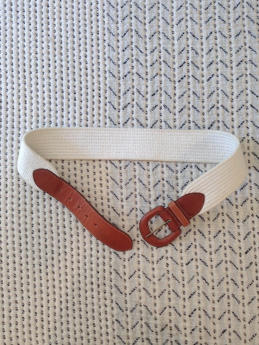 Lands End White Woven Waist Belt with Brown Leather Accents